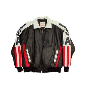 VTG Michael Hoban WHEREMI USA Leather Jacket Flag Black‎ Red White Blue Men's XL